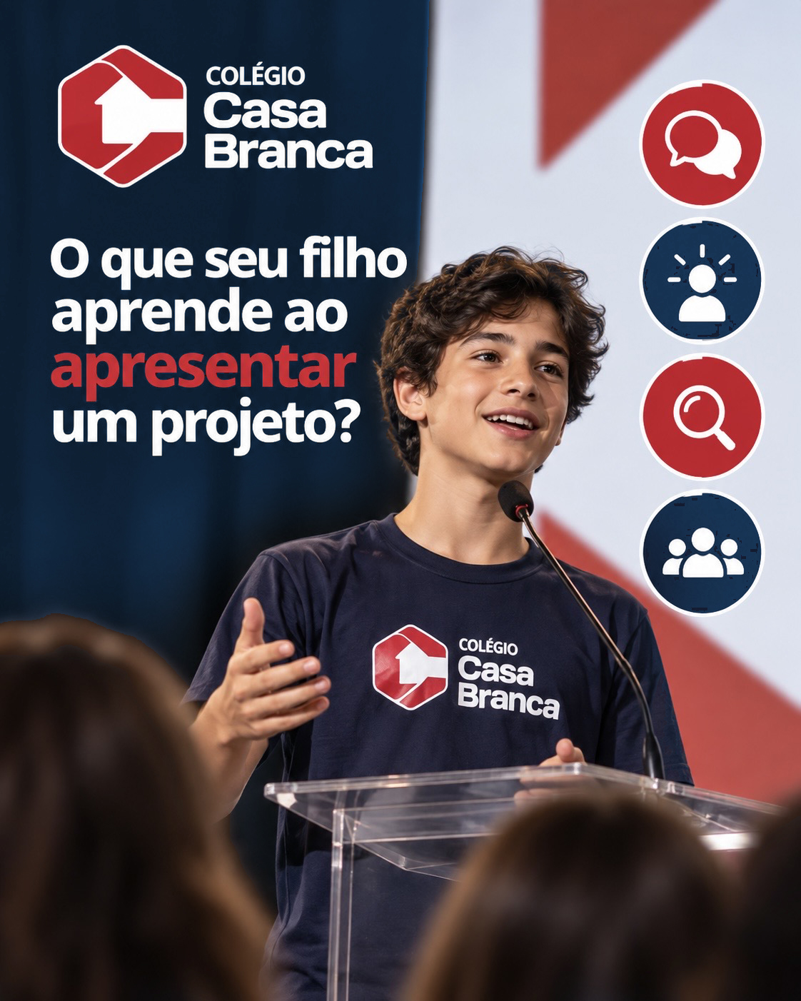 Aluno apresentando projeto no Ensino Fundamental II